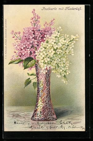 Bild des Verkufers fr Duft-Ansichtskarte Rosa und weisser Flieder in Vase zum Verkauf von Bartko-Reher