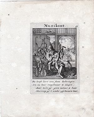 Muzikant. Kupferstich No. 55 aus 'Spiegel van het Menselyk Bedryf' oder 'Lets voor Allen'.