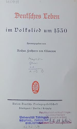 Bild des Verkufers fr Deutsches Leben im Volkslied um 1530. zum Verkauf von Antiquariat Bookfarm