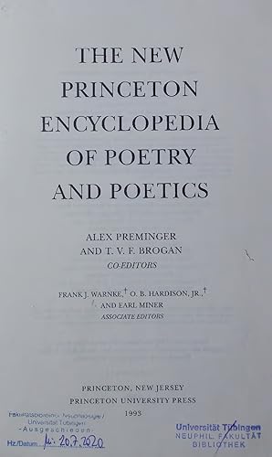 Bild des Verkufers fr THE NEW PRINCETON ENCYCLOPEDIA OF POETRY AND POETICS. zum Verkauf von Antiquariat Bookfarm