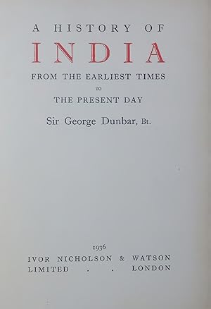 Bild des Verkufers fr A HISTORY OF INDIA FROM THE EARLIEST TIMES TO THE PRESENT DAY. zum Verkauf von Antiquariat Bookfarm