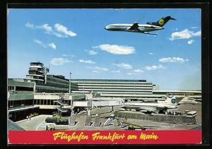 Ansichtskarte Frankfurt a. M., Rhein-Main-Flughafen, Flughafengebäude mit Kontrollturm, Flugzeug ...