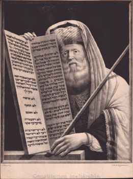 Rabbi with a Torah and pointer. "Constitution inaltérable." Original lithograph.