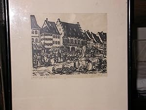 Orig. Holzschnitt Markt auf dem Münsterplatz in Freiburg i. Brsg., handschriftl. signiert u. re. ...