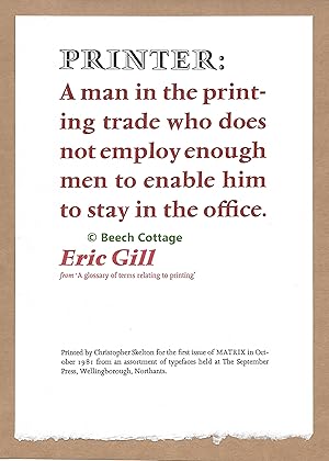 Seller image for Printer: A man in the printing trade who does not employ enough men to enable him to stay in the office [Keepsake] for sale by The Bookshop at Beech Cottage