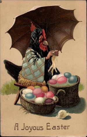 Präge Ansichtskarte / Postkarte Glückwunsch Ostern, Huhn als Eierverkäuferin, Schirm, Stricken