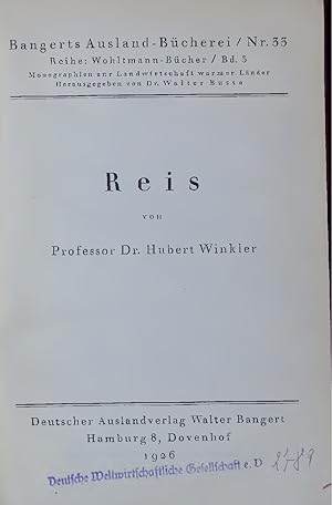 Immagine del venditore per Reis. Bangerts Ausland-Bcherei, Nr. 33, Reihe: Wohltmann-Bcher, Bd. 3 venduto da Antiquariat Bookfarm