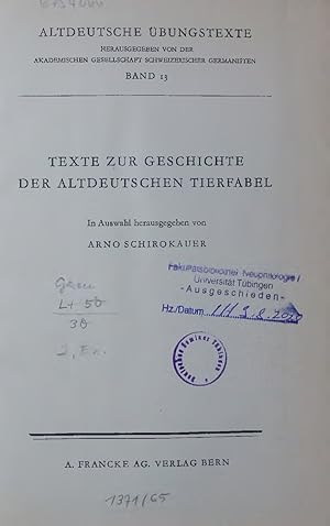 Seller image for TEXTE ZUR GESCHICHTE DER ALTDEUTSCHEN TIERFABEL. ALTDEUTSCHE BUNGSTEXTE BAND 13 for sale by Antiquariat Bookfarm