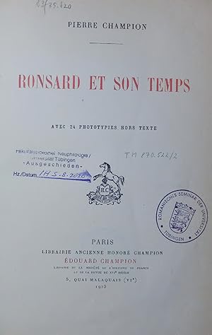 Bild des Verkufers fr RONSARD ET SON TEMPS. zum Verkauf von Antiquariat Bookfarm