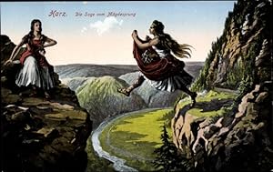 Künstler Ansichtskarte / Postkarte Harz, Die Sage vom Mägdesprung, Riesen, Schürze