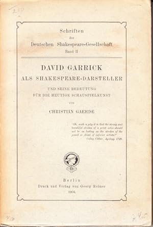 Bild des Verkufers fr David Garrick als Shakespeare-Darsteller und seine Bedeutung fr die heutige Schauspielerkunst. zum Verkauf von Centralantikvariatet