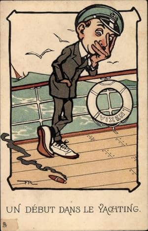 Künstler Ansichtskarte / Postkarte Un debut dans le Yachting, Seekranker Mann an Deck