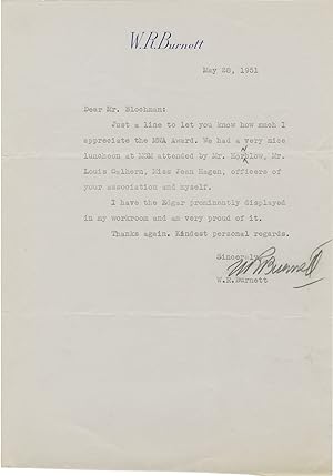 Original typed letter signed from W.R. Burnett to Lawrence Blochman