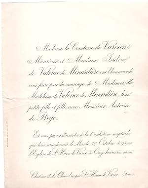 Faire Part de Mariage de Madeleine de VALENCE de MINARDIÈRE avec Antoine Caprais de Brye.