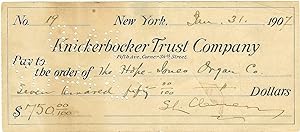 SAMUEL CLEMENS WRITES A CHECK FOR $750 TO HELP BUY A PIPE ORGAN FOR THE PARK CHURCH IN ELMIRA, N....