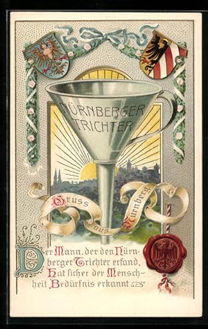 Präge-Ansichtskarte Nürnberg, Nürnberger Trichter, Wappen