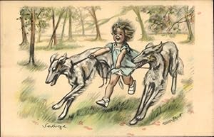 Künstler Ansichtskarte / Postkarte Bouret, Germaine, Mädchen rennt mit zwei Windhunden durch den ...