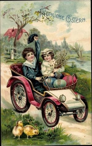 Präge Litho Glückwunsch Ostern, Paar im Automobil, Ostereier, Weidenkätzchen, Küken