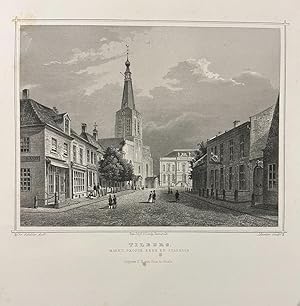 City view Tilburg, lithography I Lithografie van Tilburg, markt, groote kerk en stadhuis, 1 p.