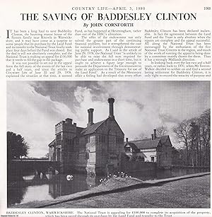 Imagen del vendedor de The Saving of Baddesley Clinton, Warwickshire. Several pictures and accompanying text, removed from an original issue of Country Life Magazine, 1980. a la venta por Cosmo Books