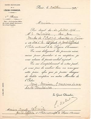 Courrier du grand chancelier de la Légion d'honneur à Auguste Lumière, au sujet de la promotion d...