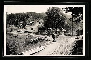 Ansichtskarte Mürzzuschlag, Gasthaus Poldlbauer von der Landstrasse aus, Bauer mit Kuh