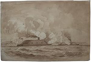 Merrimac [sic] and Monitor engaging in Charleston Roads off Fortress Munro March 1862.