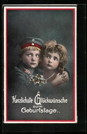 Bild des Verkufers fr Ansichtskarte Herzlichen Glckwunsch zum Geburtstag, Junge in Uniform, Kinder Kriegspropaganda zum Verkauf von Bartko-Reher