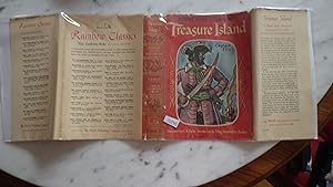 Seller image for TREASURE ISLAND BY ROBERT LOUIS STEVENSON , Rainbow Classics Edition #R-17 , ADVENTURE, AUGUST 1946, STATED 1ST PRINTING ON COPYRIGHT PG, SECOND PRINTING OCTOBER 1946 ON COPYRIGHT PG, IN RED DUSTJACKET BY C. B. FALLS. OF PIRATE IN PURPLE UNIFORM for sale by Bluff Park Rare Books