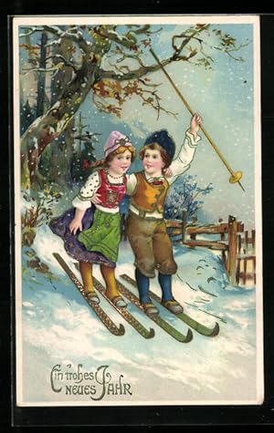 Image du vendeur pour Ansichtskarte Neujahrsgruss, Kinder in Trachten fahren Ski mis en vente par Bartko-Reher