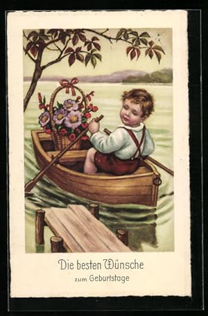 Ansichtskarte Kleiner Gratulant mit Blumenstrauss im Ruderboot