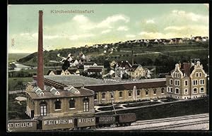 Ansichtskarte Kirchentellinsfurt, Textilfabrik Schirm mit Anlagen und Ortsblöick, Eisenbahn, rück...
