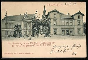 Ansichtskarte Bornhöved, 750-Jahr-Feier der Kirche 1899, Ortspartie mit Suhrs Gasthof, Schmuck-Bo...