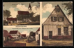 Ansichtskarte Immenhausen, Hauptstrasse mit Gasthaus zum Ochsen, Bäckerei Maier, Kirche und Schule
