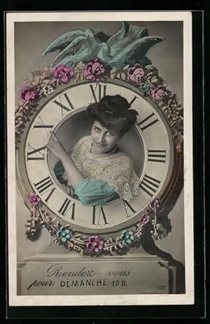 Bild des Verkufers fr Ansichtskarte Rendez-vous, hbsche Dame guckt durch das Ziffernblatt einer Uhr zum Verkauf von Bartko-Reher