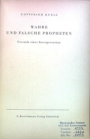 Bild des Verkufers fr Wahre und falsche Propheten. Versuch einer Interpretation Beitrge zur Frderung christlicher Theologie 46. Band - 1. Heft zum Verkauf von books4less (Versandantiquariat Petra Gros GmbH & Co. KG)