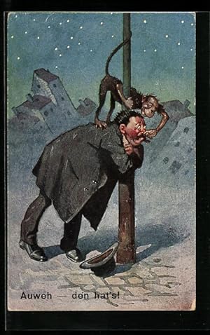 Bild des Verkufers fr Knstler-Ansichtskarte Auweh - den hat`s!, Affe zieht dem Trunkenbold die Nase lang zum Verkauf von Bartko-Reher