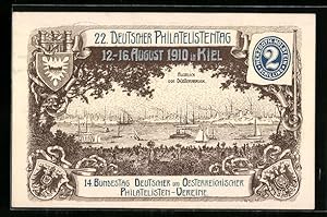 Künstler-Ansichtskarte Ganzsache PP23 C12 /05: Kiel, 22. Deutscher Philatelistentag 1910, Ausblic...