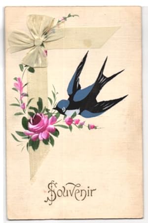 Bild des Verkufers fr Ansichtskarte Blau-schwarzer Vogel mit Rose und gelber Schleife zum Verkauf von Bartko-Reher