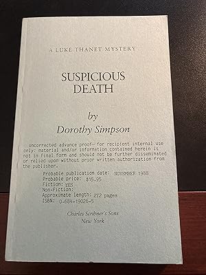 Suspicious Death, ("Inspector Thanet" Series #8), Uncorrected Advance Proof, First Edition, New