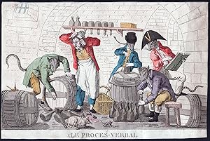 Imagen del vendedor de Le Proces-Verbal" / Satire on excise duty: four excisemen depicted as rats open all the bottles in the cellar of a desperate vigneron. / Wein wine Steuer Steuereintreibung Ratten / Karikatur cartoon caricature a la venta por Antiquariat Steffen Vlkel GmbH