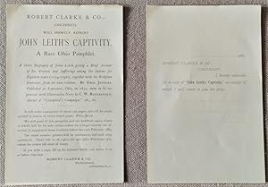 Seller image for A Short Biography Of John Leith With A Brief Account Of His Life Among The Indians, Advertising Notice, Robert Clarke & Company for sale by Legacy Books II