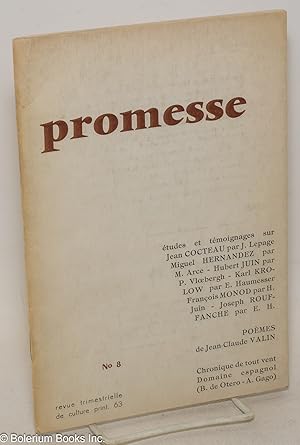 Imagen del vendedor de Promesse: revue trimestrielle de culture; #8: Jean Cocteau tudes et tmoignages a la venta por Bolerium Books Inc.