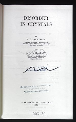 Seller image for Disorder in Crystals. International Monographs on Chemistry No. 2 for sale by books4less (Versandantiquariat Petra Gros GmbH & Co. KG)