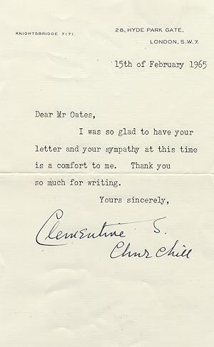Bild des Verkufers fr Clementine Churchill Signed Letter 1965, death of Winston zum Verkauf von Adam Andrusier Autographs ABA PADA