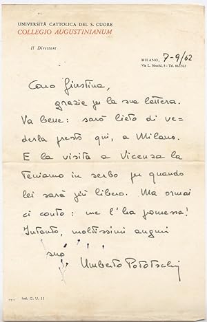 Lettera autografa manoscritta di Umberto Pototschnig redatta su carta intestata dell'Università C...