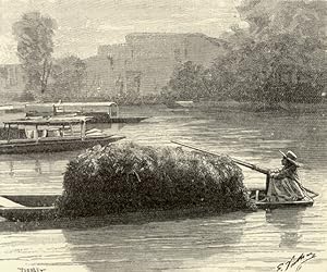 Indigenous Mexican Indian Market-Gardeners Canoe on the river in Mexico,Antique Historical Print