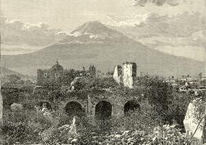 Ruins of Christchurch with the Agua Volcano in background in Antigua,Antique Historical Print
