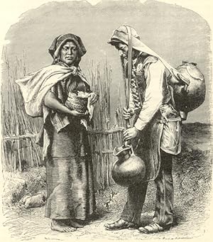 Mexican Water Carrier and Woman with Tortillas in Mexico,Antique Historical Print