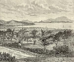 St Kitts, view from Nevis,Antique Historical Print